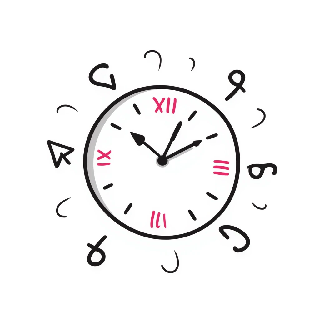 hand-drawn doodle of a clock with numbers flying, pink accents, playful emoji