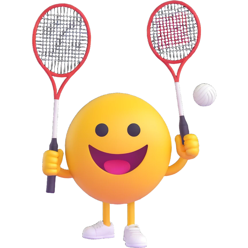 3D smiley emoji, round shape, with badminton racket and shuttlecock, sporty face emoji