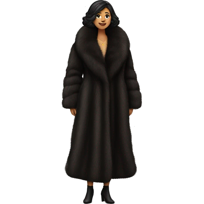 Dark haired woman wearing big full length fur coat emoji