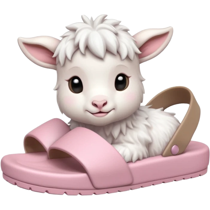 an all white lofi baby goat emoji wearing monochromatic pastel pink chunky slides emoji