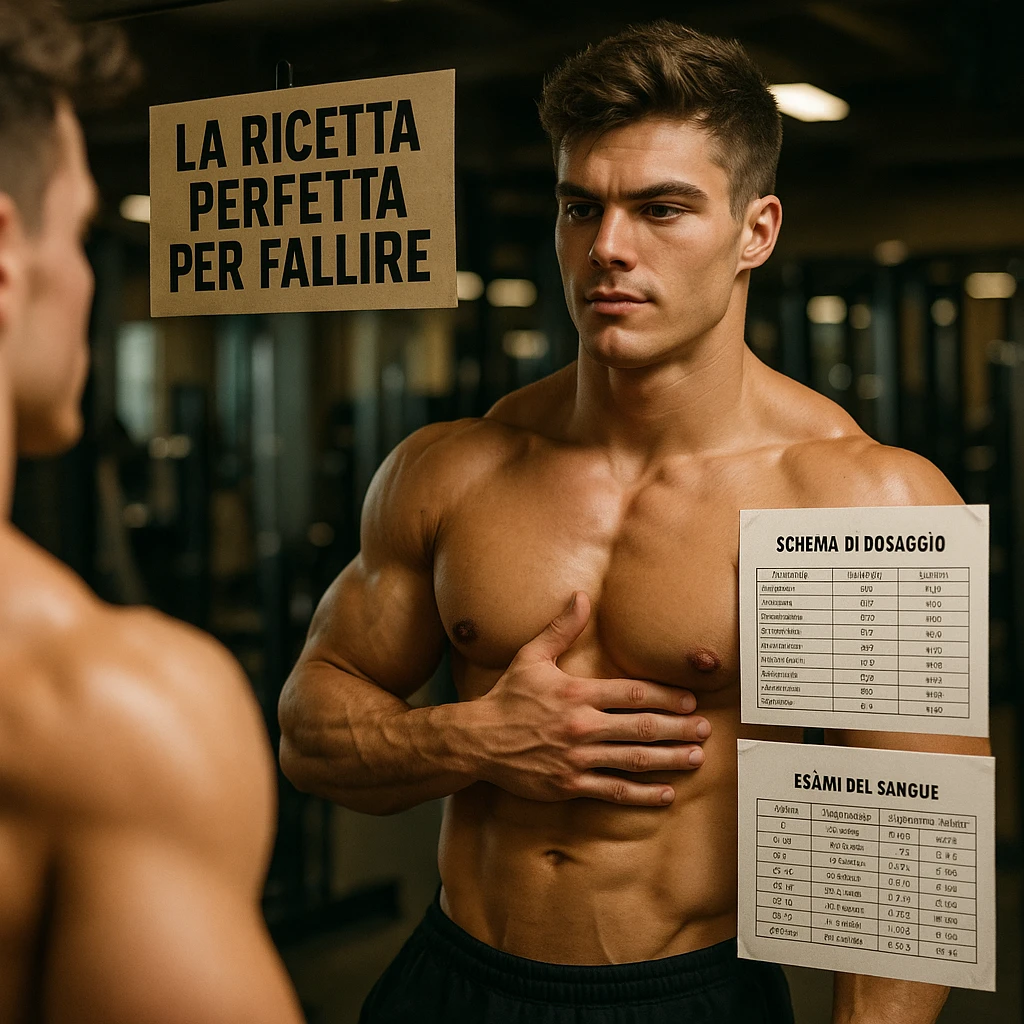 young bodybuilder with a confident expression, ignoring blood test sheets and dosage tables in Italian, looking at himself in the mirror and touching his chest, superficial atmosphere, gym background, sign with text 'La ricetta perfetta per fallire', 4K quality emoji
