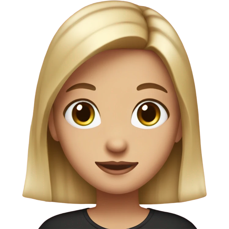 Blonde girl with medium long straight hair, green/ brown eyes, black shirt in hands a white/ pink Birthday cake emoji