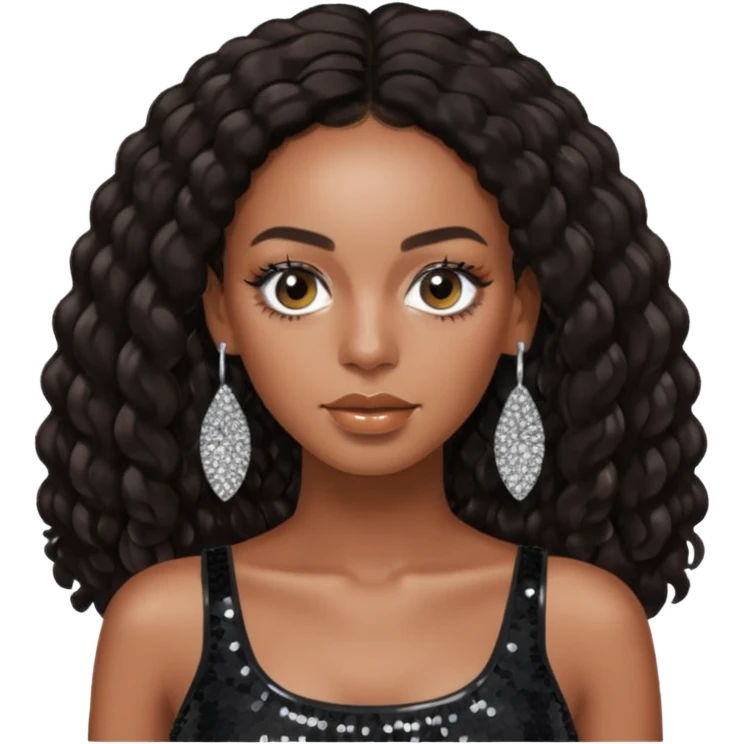Solange with dark brown long hair, black sequin crop top, silver earring emoji