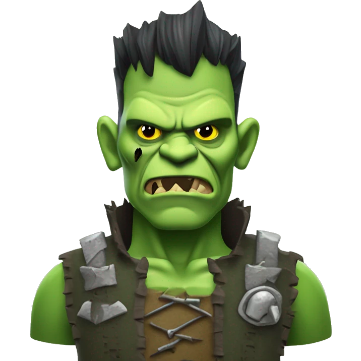 Orc Frankenstein with bolts in neck, stitched green skin, patchwork outfit, Halloween theme, emoji emoji