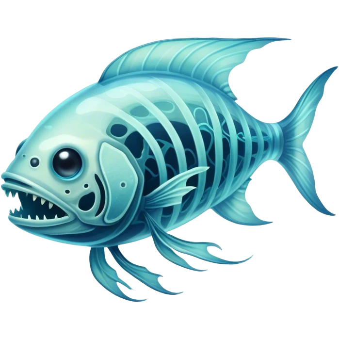 B ioluminescent Deep-Sea Phantom – A ghostly fish creature with translucent skin, eerie glowing patterns, and a skeletal grin emoji