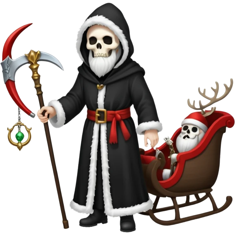 the Grim reaper dressed as Santa.... What gifts would be in his Sleigh.... What would his Sleigh likely look like.... Would the reindeer be skeletons, or ordinary reindeer? emoji