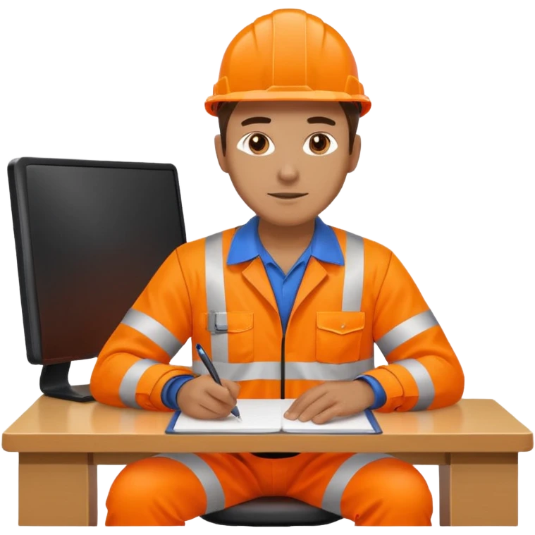 man in orange high visibility workwear seated at a desk emoji
