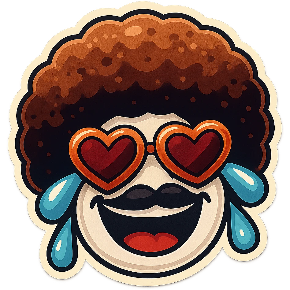 White circle face, afro, heart glasses, laughing with large tears emoji