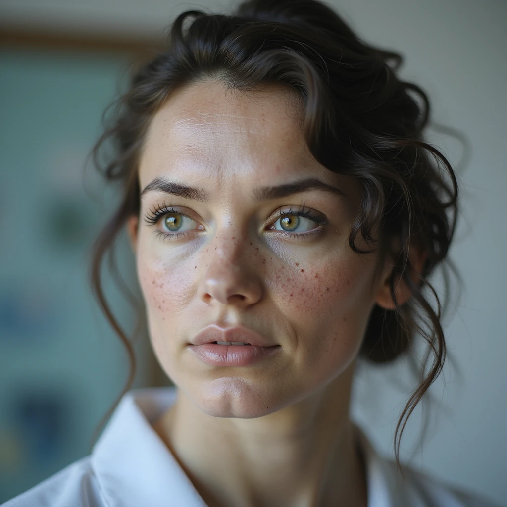 realistic woman with PCOS, face with acne, facial hair, thinning hair, clinical atmosphere, hyperrealistic 4K details emoji