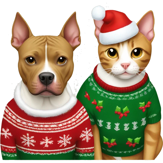 Tan pitbull and tabby cat in Christmas sweaters emoji
