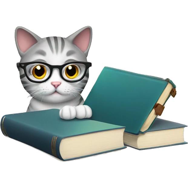 Cat studying, glasses, books, laptop emoji