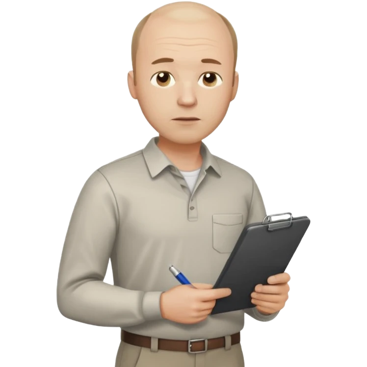 man mid 30's tired shirt and trousers balding hairline standing holding a clipboard emoji