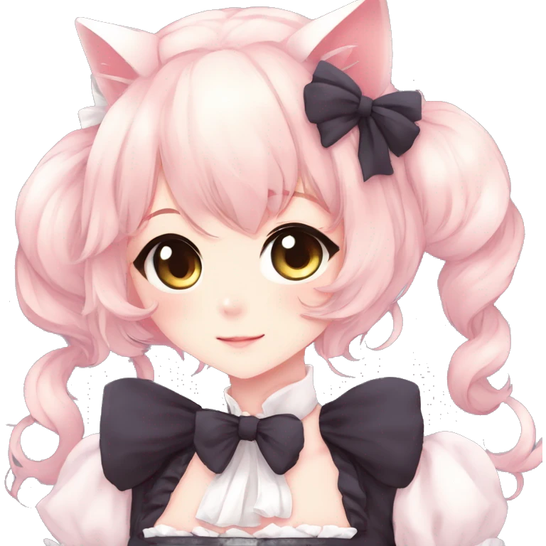 Gorgeous anime style catlady with blushing face with maid outfit bow tie idol model kawaiicore pearly petite simplistic aesthetic trending style emoji