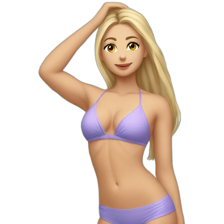 Slim-thicc Caucasian woman bikini hands-in-hair pose (beach body) full body emoji