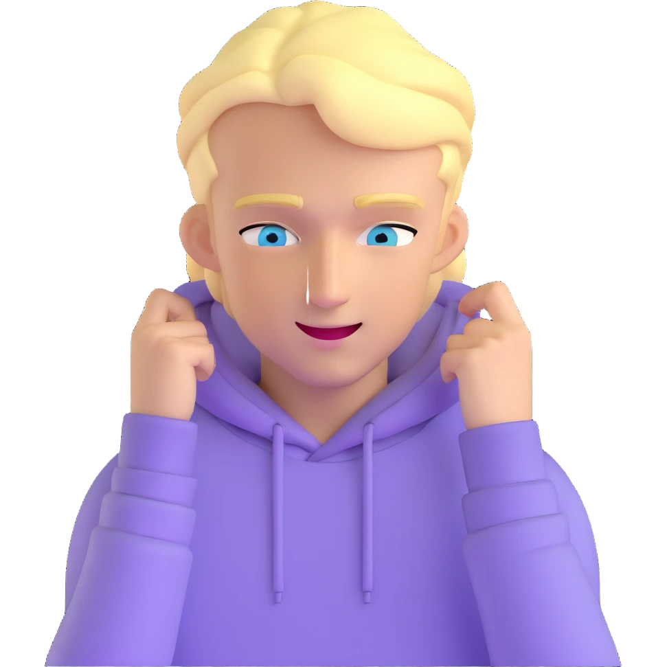 blonde man with blue eyes, lilac hoodie, winking emoji