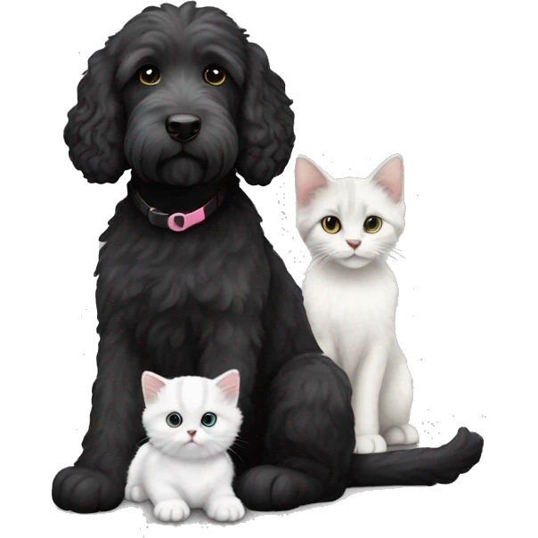 Black labradoodle and white and grey kitten emoji
