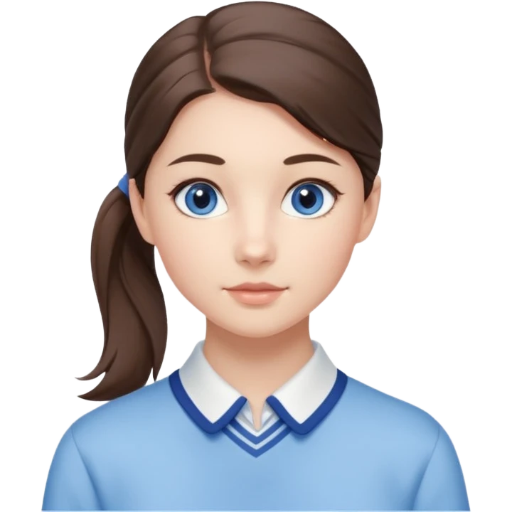 Realistic Student Portrait, with porcelain-like skin featuring a natural rosy flush, illuminated by soft lighting that highlights the gentle contours of her face. Her Brunette pony tail hair flows in soft, Her deep blue eyes radiate warmth and innocence,  wear light blue preppy style. emoji