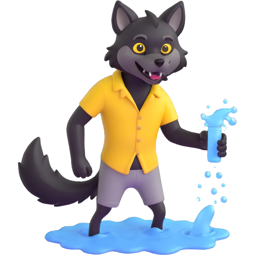 people in yellow shirts spraying water on an anthro black wolf emoji