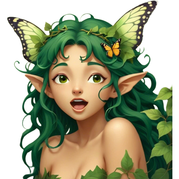 Cinematic Realistic Forest Fairy Portrait, head tilted slightly with a dramatic, wide-open yawn, revealing a tender, relaxed visage with finely detailed tanned skin and flowing, vine-adorned dark green hair gently framing her face. Her sleepy eyes exude a serene, dreamlike quality as soft natural sunlight filters through the canopy, showing her large butterfly wings from her back capturing the essence of a drowsy yet captivating forest drifting into peaceful slumber. emoji