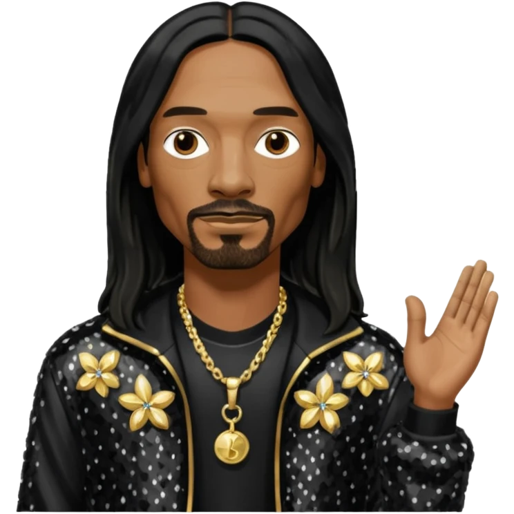Snoop Dogg with long black hair, black sequin outfit emoji