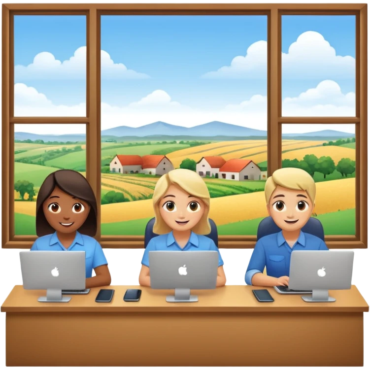 Employees of a startup company working on their computers while looking out the window at the rural landscape.  emoji