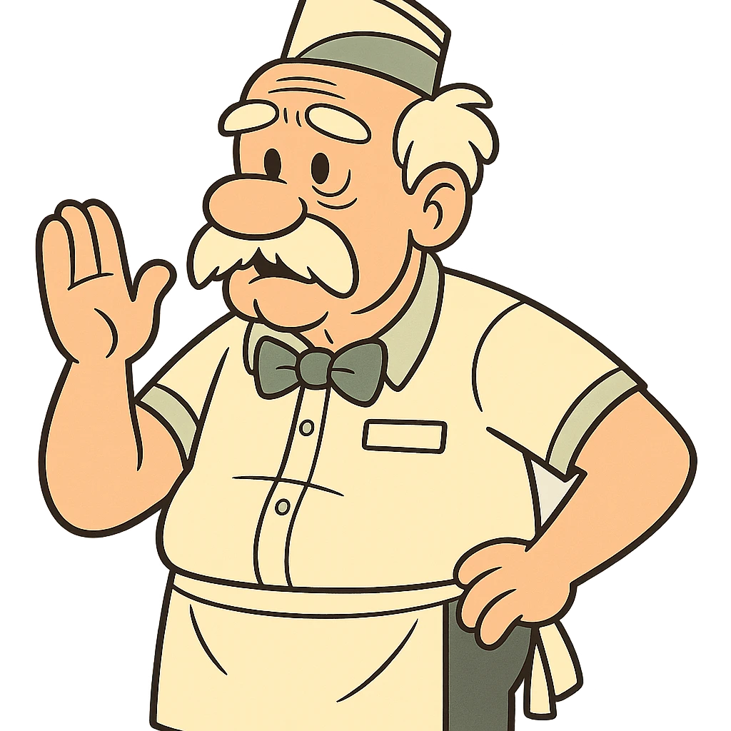 Pops from Johnny Bravo, older man with white hair and mustache, wearing a diner uniform, cartoon style emoji