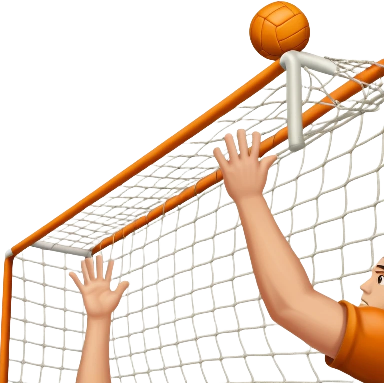 A close-up of a hand gripping a handball, with the goalposts visible in the background. The focus is on the texture of the ball and the strength of the grip, with the goal net slightly blurred to emphasize the anticipation of the throw. emoji