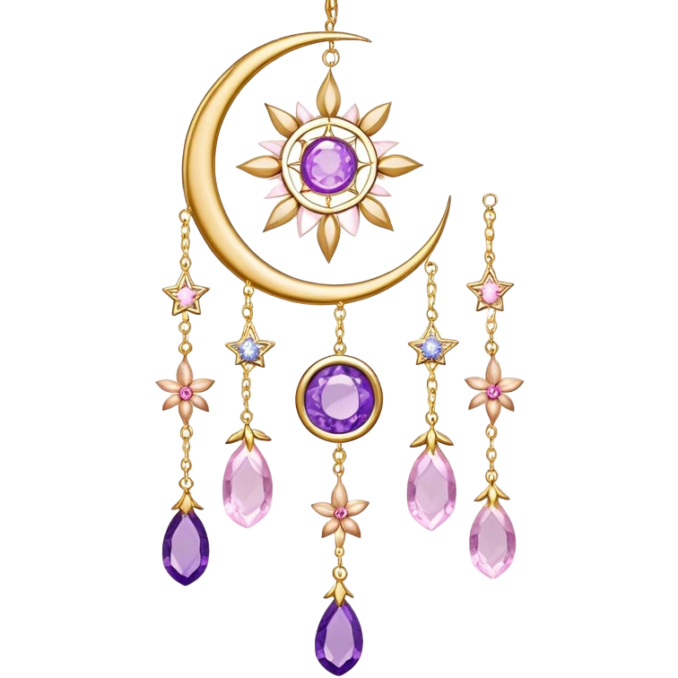 Epic Hanging gold suncatcher, threads with shiny sparkly amethyst and rose-quartz gemstones, flowers, moons, stars, leaves, petals emoji