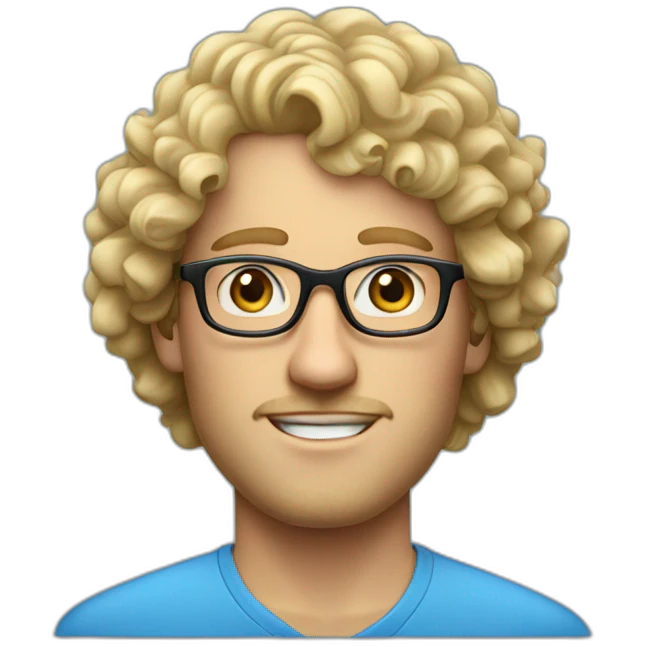 Portrait of blond man with curly hair and blue eyes with glasses and a shirt emoji