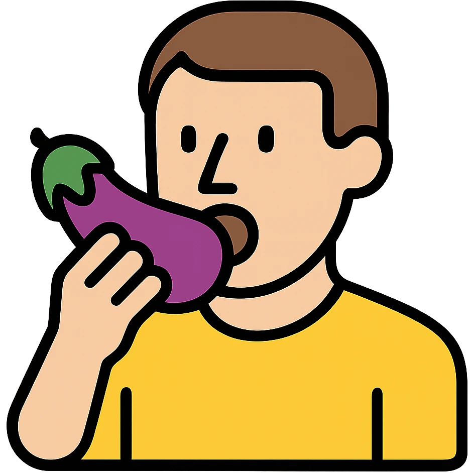 Put the eggplant in the man's mouth, keep the color outline icon style. emoji