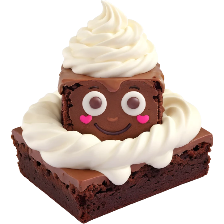 3D chocolate brownie with a smiley face, realistic depth, with a swirl of whipped cream on top, emoji style emoji
