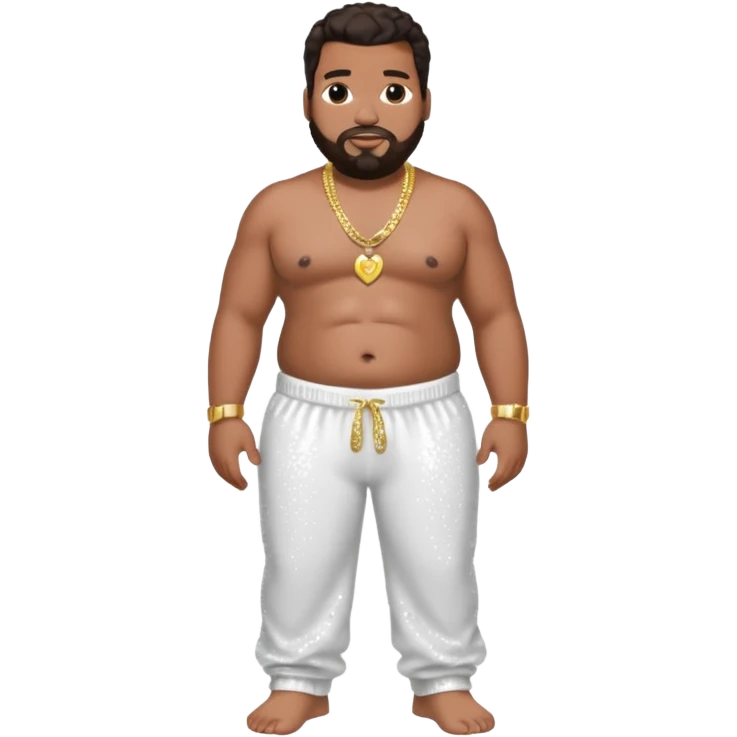 Fatman Scoop with dark brown hair, white sequin baggy pants, shirtless with necklace emoji