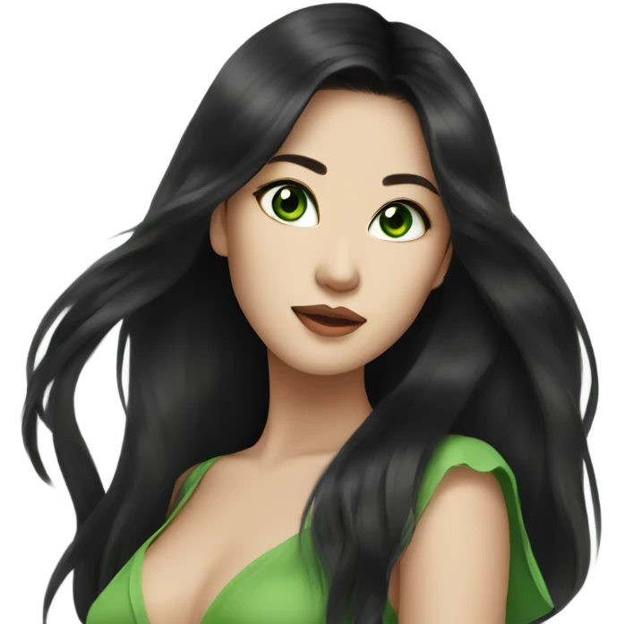 stunning asian woman black long hair, green eyes emoji
