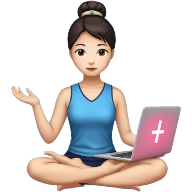 emoji of an asian woman with a single bun sitting cross legged with dna levitating above one hand and a laptop above the other hand emoji