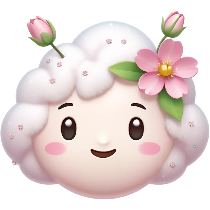 A kawaii-style 3D emoji of a fluffy white thought bubble with a soft texture, decorated with cherry blossom flowers, small tulips, sparkles, and a gentle pastel tone. The emoji has a dreamy and spring-like aesthetic, resembling official Apple or WhatsApp emoji style. Clean white background.

 emoji