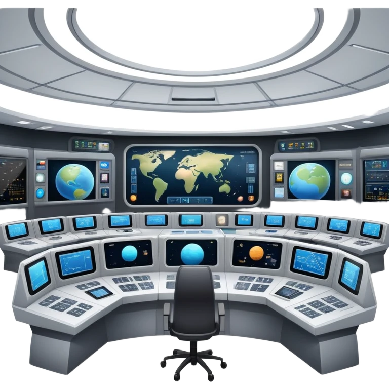 space mission command center with large screens showing spacecraft and planetary data emoji