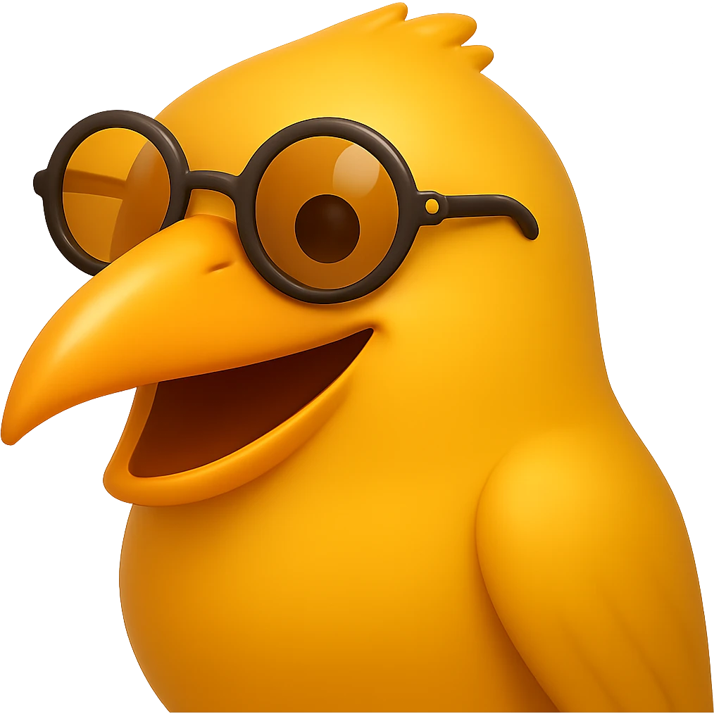 Make the bird emoji more emoji-like but keep the detailed, slightly cartoonish style of the reference. Smooth out the feather texture just a bit, add a subtle emoji shine, and keep the orange beak and round sunglasses. Bird with a big smile. No background. emoji