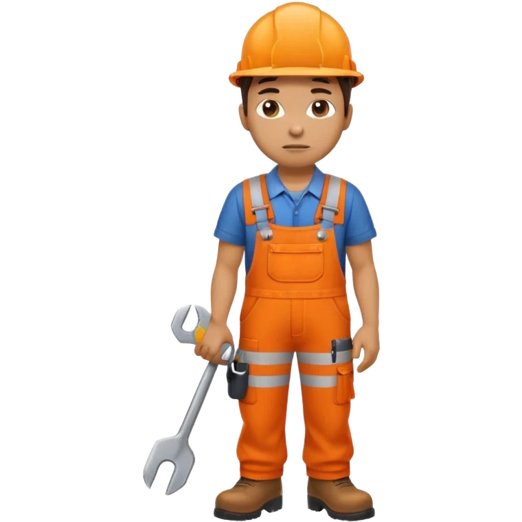 railway engineer, looking tired in orange overalls, boots, holding a spanner emoji emoji