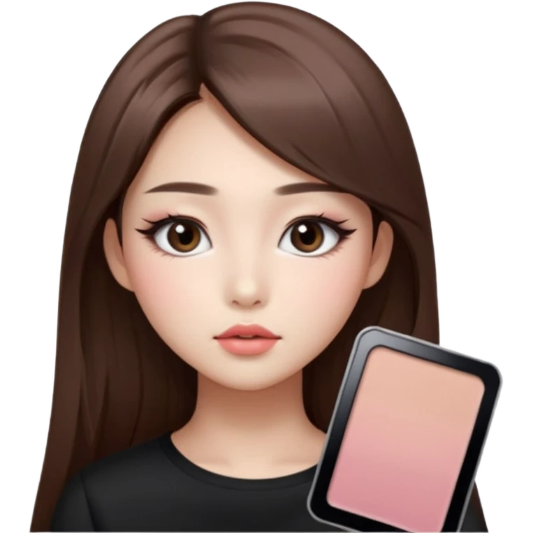 “korean straight long brown hair Emoji girl, soft eyeliner and blush, gradient lips, light brown shimmer eyeshadow emoji