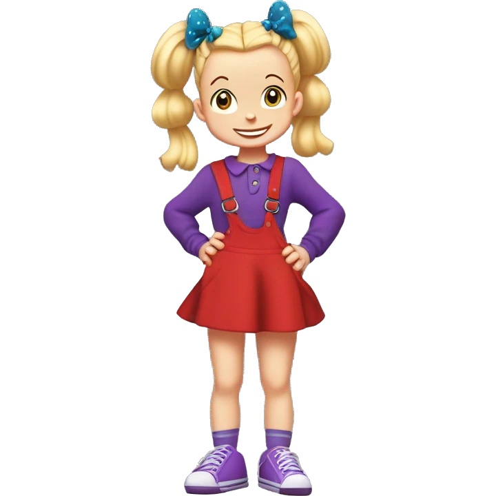A little blonde girl with pigtails and little purple bows wearing a red long-sleeved shirt and purple overalls skirt with blue tights with green polka dots and purple sneakers, full body, rugrats emoji