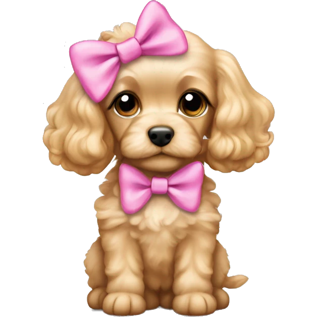 Blonde hair cavapoo puppy with pink bows on ears emoji