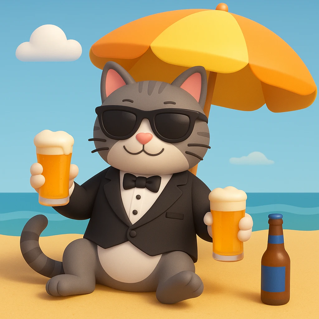Add sunglasses to the cat in a tuxedo drinking beer on the beach in 3D emoji style, microsoft style 3d fluent emoji look with smooth shading and depth. emoji