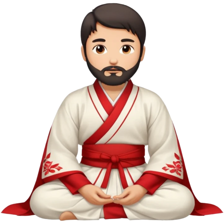 Beautiful man with lightly tan skin and dark beard in white and red Hanfu sitting on the ground emoji