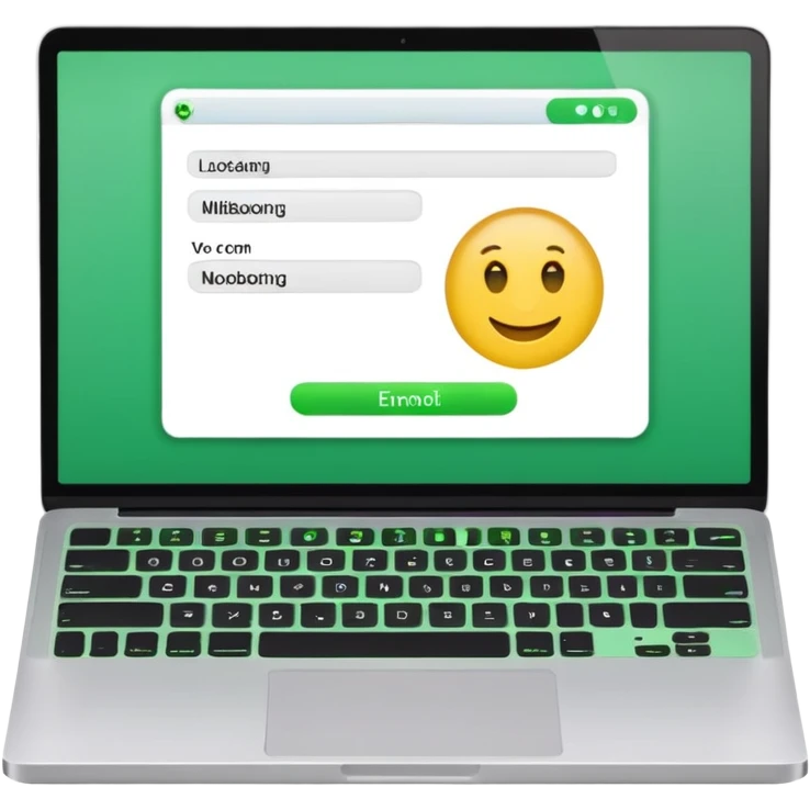 A emoji-style illustration of a laptop front facing with its screen showing onboarding form. On the screen, display a small white form card with a few input fields no labels. Add a bright green button at the bottom of the card no label. fix the keyboard letters. emoji