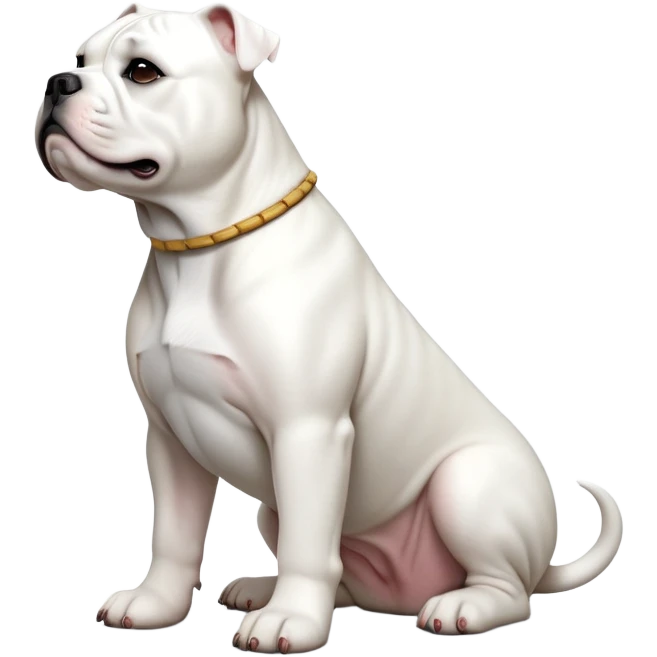 cinematic-[solid white american bulldog]-realistic-full-body-sitting-emoji,-tail-resting-loosely-beside-its-paws,-head-tilted-dramatically,-sleek-[solid white]-fur,-simplified-yet-realistic-focused-features,-highly-detailed,-glowing-with-an-almost-sarcastic-glow emoji