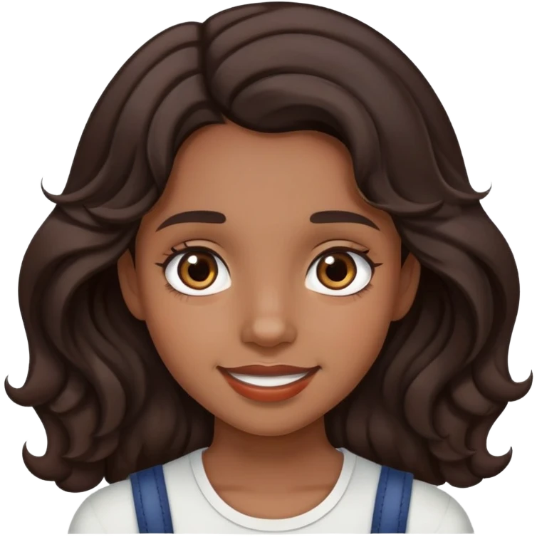 chica de pelo ondulado y café obscuro, ojos café obscuro y brackets emoji