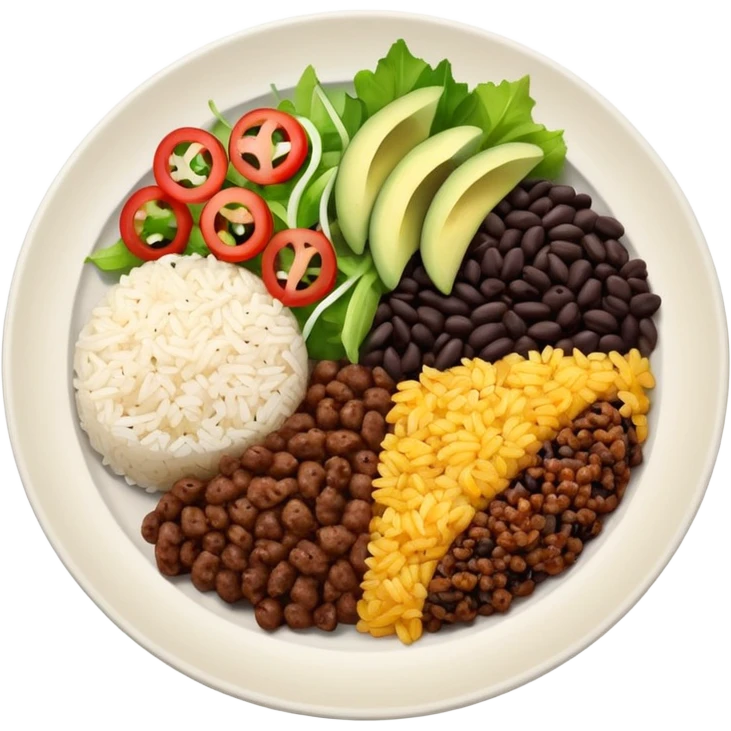 Food plate with rice, black bean, minced meat and salad emoji