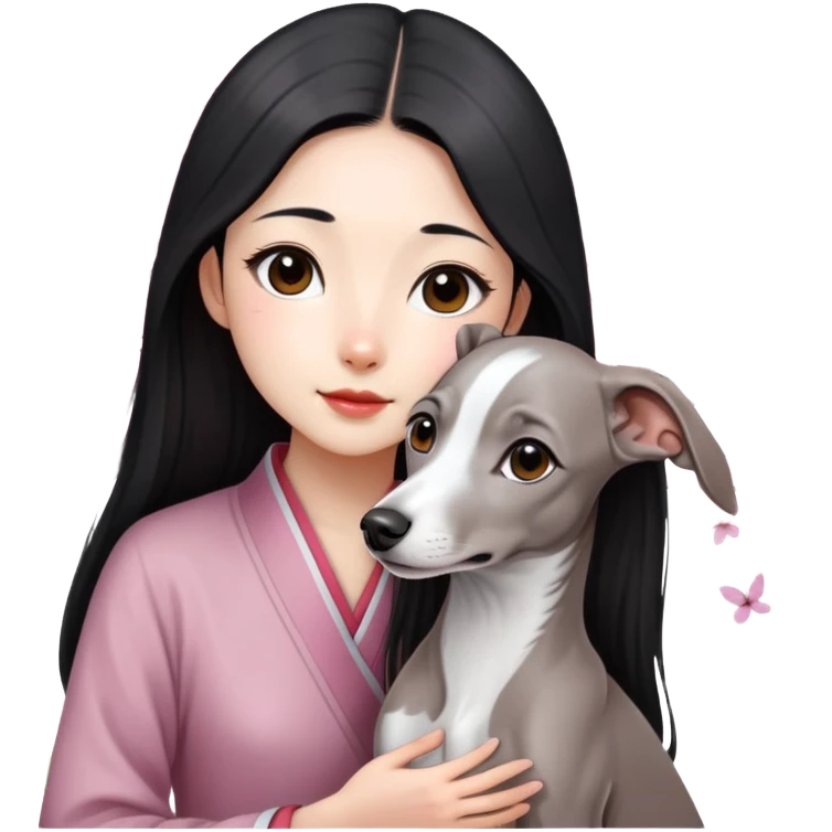 A young Chinese girl with long black hair and a pure grey Italian Greyhound with no white markings sitting under a cherry blossom tree emoji