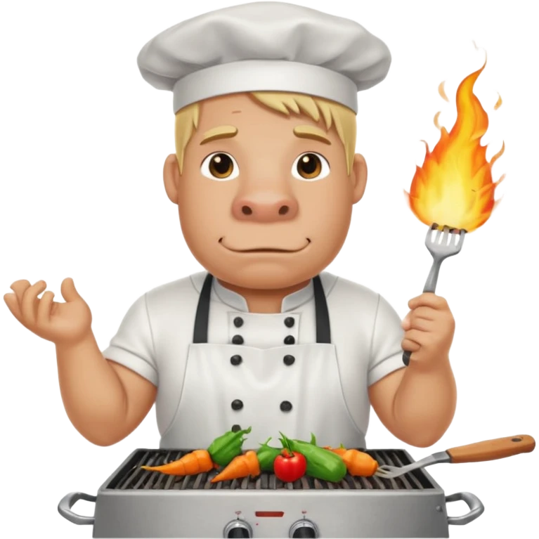hippo man with tied blond hair and and a white apron grilling vegetables on a sizzling grill emoji