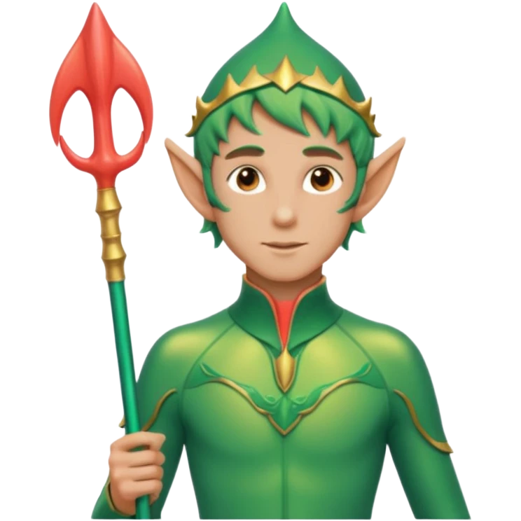 male elf in iridescent wetsuit, coral staff. Gills on neck legolas emoji